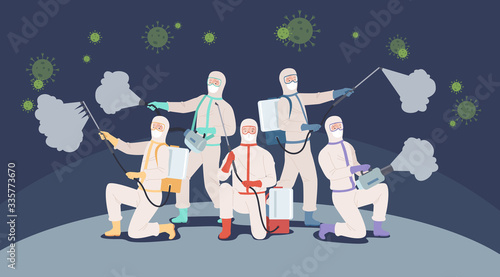 Fight with covid-19 concept. Doctor team or medical health care professionals in protective suits fighting with coronavirus pandemic. Vector illustration in a flat style