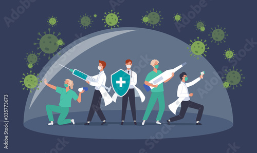 Fight with covid-19 corona virus concept. Doctor team or medical health care professionals fighting with coronavirus pandemic. Vector illustration in a flat style