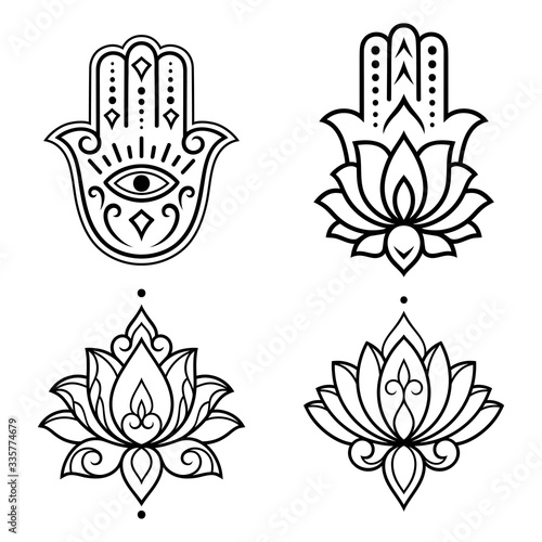 Set of Hamsa hand drawn symbol with lotus flower. Decorative pattern in oriental style for interior decoration and henna drawings. The ancient sign of "Hand of Fatima".