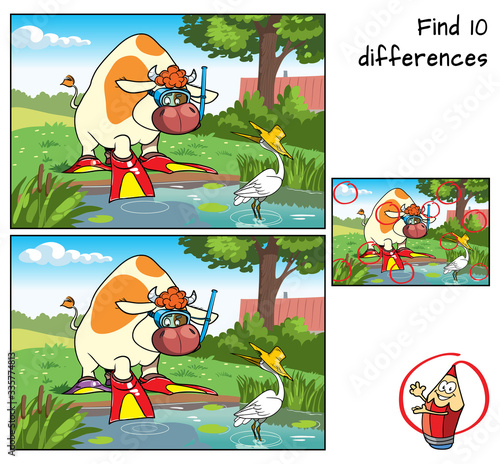Bull wishing to go diving in a rustic pond. Find 10 differences. Educational game for children. Cartoon vector illustration
