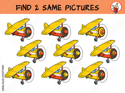 Funny little airplane. Find two same pictures. Educational game for children. Cartoon vector illustration