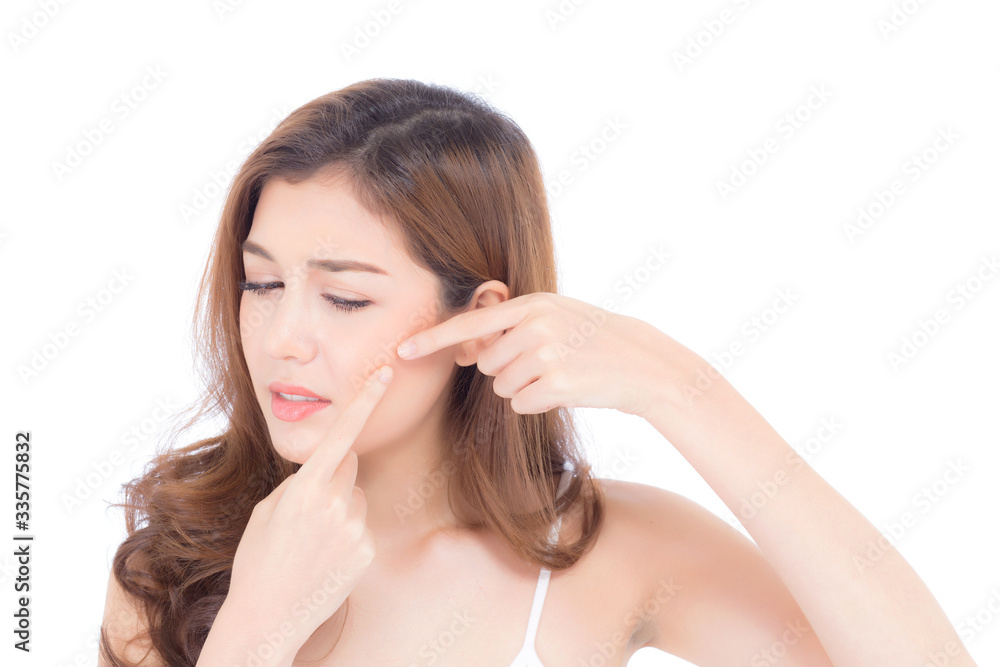 Portrait of beautiful woman asian is a acne, zit treatment, girl problem beautiful face, beauty perfect with wellness isolated on white background with skin healthcare concept. Portrait of beautiful woman asian is a acne, zit treatment, girl problem beautiful face, beauty perfect with wellness isolated on white background with skin healthcare concept.