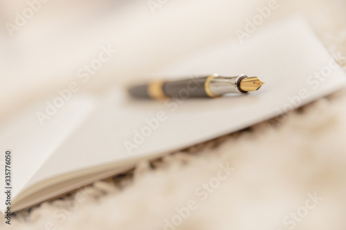 Fountain pen on sheet of paper, warm sunlight