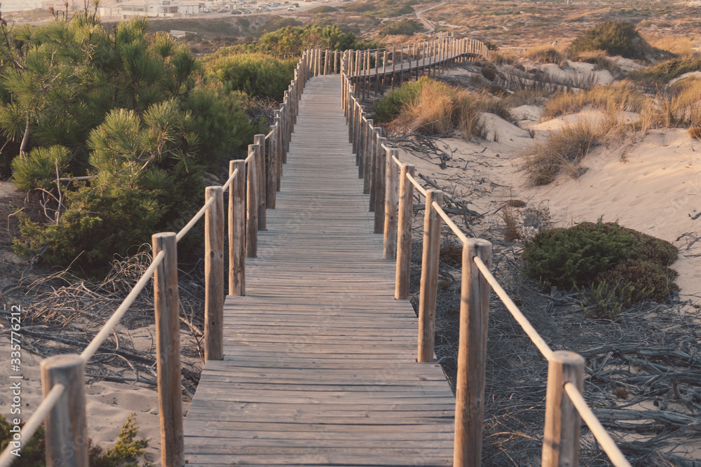 wooden walkway bridge under sand in dunes by the ocean in Portugal