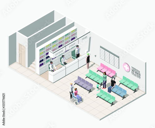 vector illustration isometric view of a medical clinic waiting room