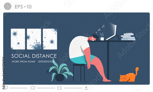 Social distancing concept illustration. Work from home to avoid spreading coronavirus. People stay home for social distance to protect from coronavirus (2019-ncov). Health care vector infographic.