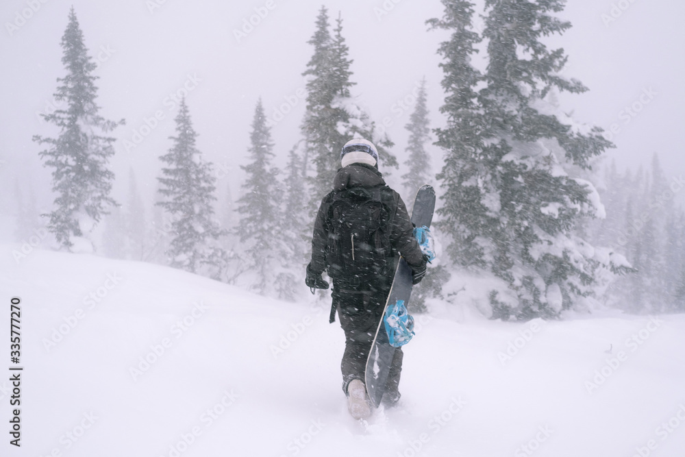 Snowboarder holding boards walking down the snow slop for freeride in winter mountains during heavy snow and blizzard
