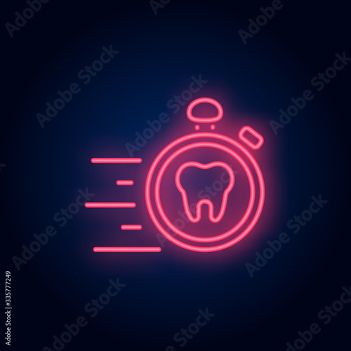 Emergency dental care neon sign. Luminous signboard with tooth and stopwatch. Night bright advertisement. Vector illustration in neon style for commercial, dentistry, clinic