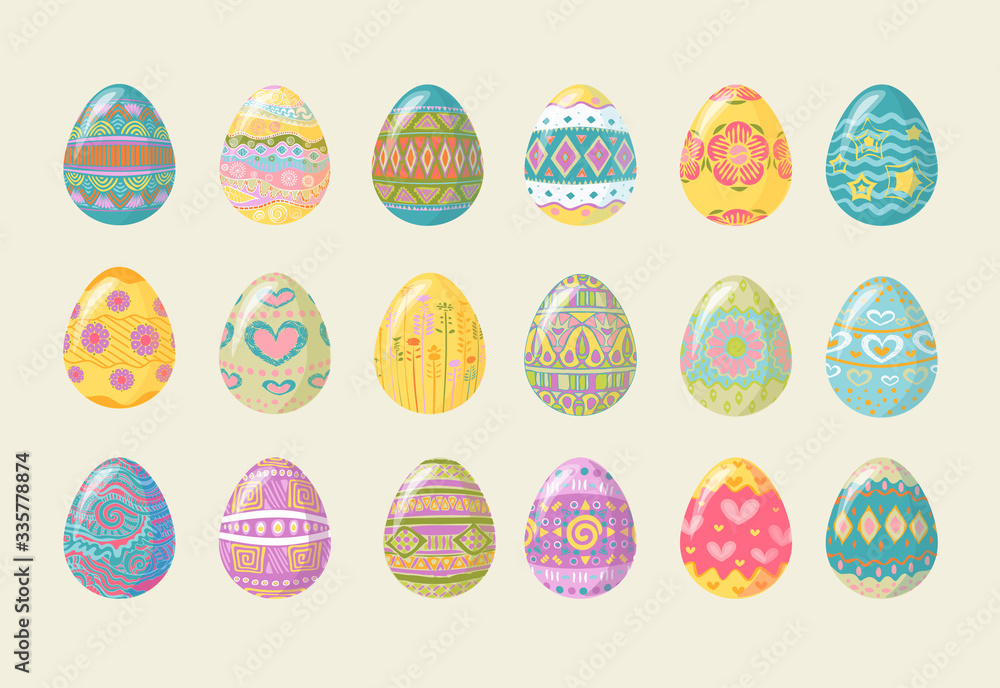 Collection set of Easter eggs with colorful ornaments. The symbol of the Easter holiday. Vector eps 10
