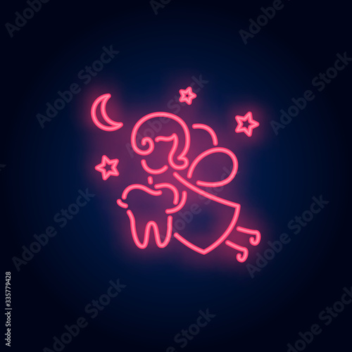 Tooth fairy neon sign. Luminous signboard with fantasy figure holding tooth. Night bright advertisement. Vector illustration in neon style for fairytale, dentistry, stomatology