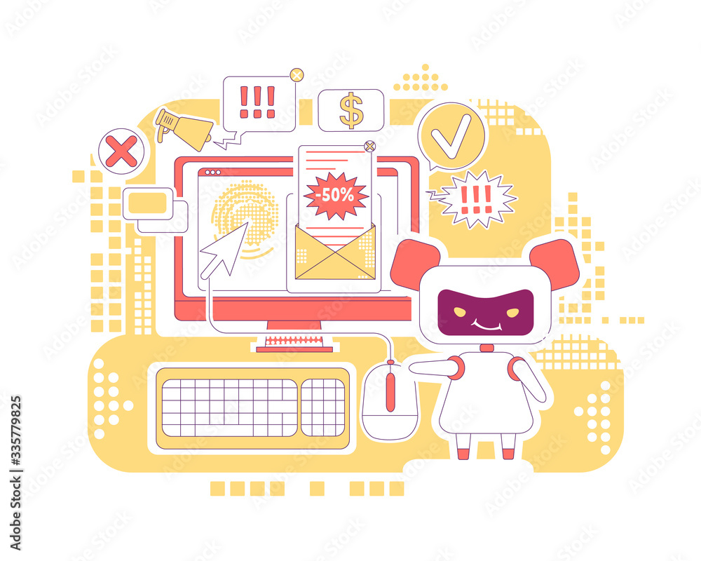 Click bot thin line concept vector illustration. Spam newsletter. Bad robot 2D cartoon character for web design. Automated links clicking and ads letters sending software creative idea