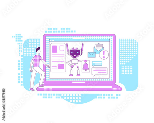 Notification bot thin line concept vector illustration. Automated newsletter. Man getting news mails 2D cartoon character for web design. Digital marketing assistant creative idea