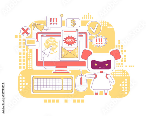 Click bot thin line concept vector illustration. Spam newsletter. Bad robot 2D cartoon character for web design. Automated links clicking and ads letters sending software creative idea
