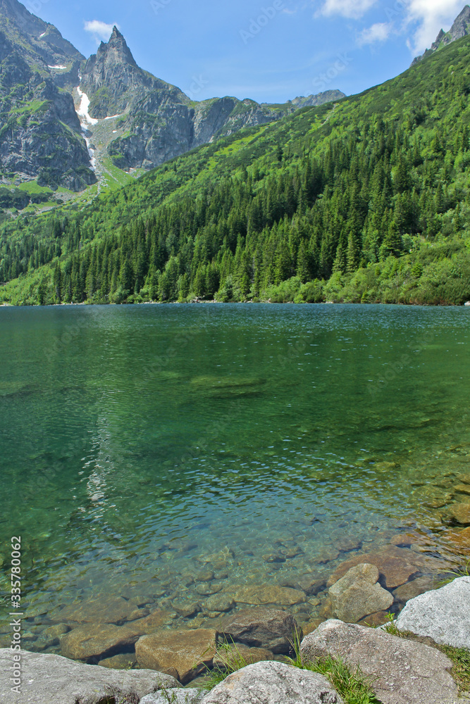 The lake Morskie Oko or Eye of the Sea. Western Carpathian mountains. The Tatra National Park in the Rybi Potok (the Fish Brook) Valley, Zakopane, Poland. The lake Morskie Oko or Eye of the Sea. Western Carpathian mountains. The Tatra National Park in the Rybi Potok (the Fish Brook) Valley, Zakopane, Poland.