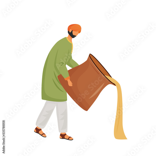 Indian cuisine, Masala Chai serving flat concept vector illustration. Male Indian waiter, man pouring Chaiwala 2D cartoon character for web design. Traditional flavored drink serving creative idea