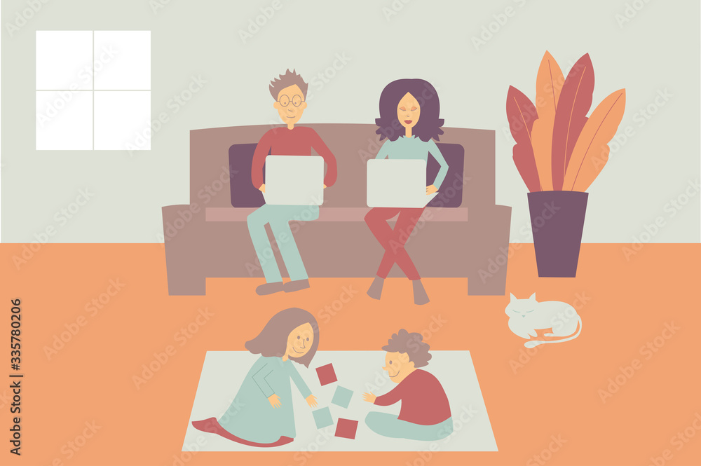 Family character for Coronavirus quarantine. Parents working from home and kids playing. Family character for Coronavirus quarantine. Parents working from home and kids playing.