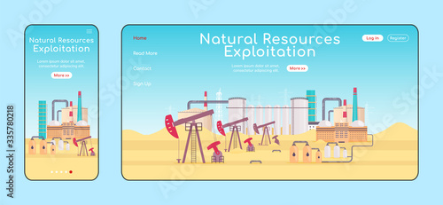 Natural resources exploitation adaptive landing page flat color vector template. Refinery plant mobile and PC homepage layout. Fuel fossil mining one page website UI. Webpage cross platform design