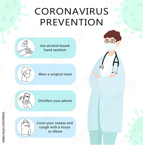 Infographics showing measures to prevent Coronavirus. Doctor in mask demonstrates the rules of hygiene for covid-19. Sanitizer, disinfecting phone, cough at the elbow. Vector flat illustration.