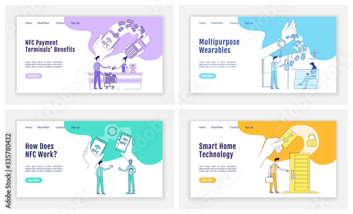 NFC tech landing page flat silhouette vector templates set. Contactless payments homepage layout. Smart home one page website interface with cartoon outline character. NFC devices web banner, webpage