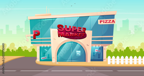 Supermarket front flat color vector illustration. Mall glass building entrance. Hypermarket storefront with parking area. Shop frontage. Urban 2D cartoon cityscape with no people on background