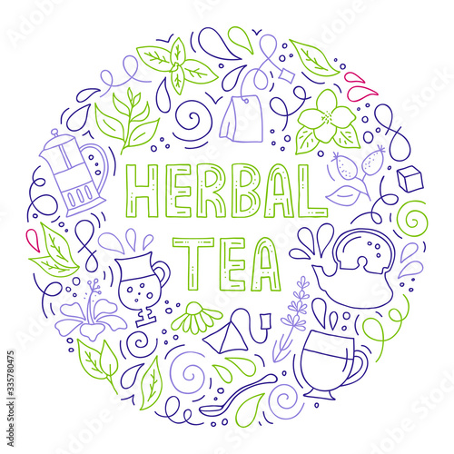 Herbal tea. Round frame with lettering and tea symbols in outline style. Composition with abstract hand drawn elements. Doodle style. Template for cafe menu, packaging or signboard.
