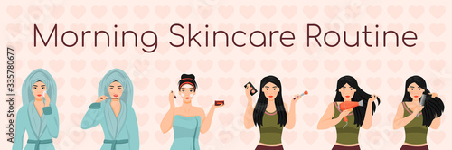 Woman morning skincare routine flat color vector characters set. Healthy skin and hair daily procedures isolated cartoon illustrations on white background. Girl brushing teeth, drying hair