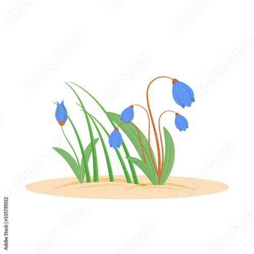 Flowers cartoon vector illustration. Spring fresh grass. Bloomin herbs in garden. Green lawn growing from ground. Bellflower flat color object. Growing grass isolated on white background