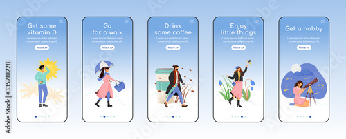 Seasonal depression prevention advices onboarding mobile app screen flat vector template. Walkthrough website steps with characters. UX, UI, GUI smartphone cartoon interface, case prints set