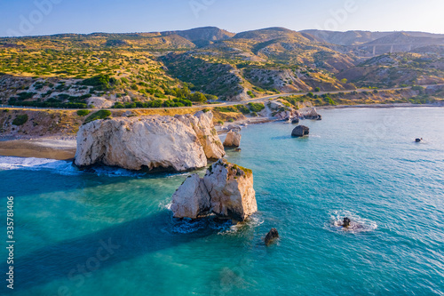 Island of Cyprus. View of the Mediterranean coast from a drone. Aphrodite's Rock. Aphrodite stone on a Sunny summer day. Natural landscape of Cyprus. Travel to the Mediterranean. photo