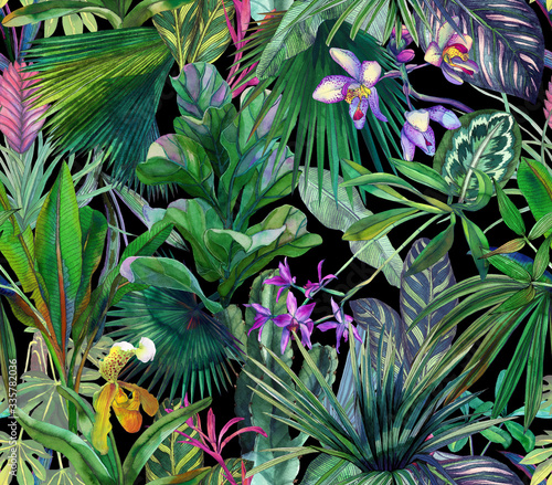 Tropical seamless pattern with tropical flowers, banana leaves. 
Round palm leaves, watercolor painted orchids. photo