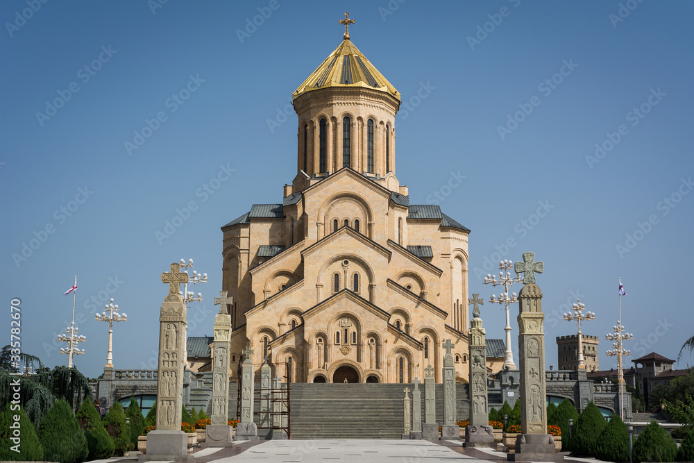 Front view of Holy Trinity Cathedral of Tbilisi also known as Tsminda Sameba, orthodox church in sunny day, Georgia