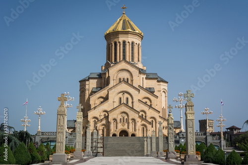 Front view of Holy Trinity Cathedral of Tbilisi also known as Tsminda Sameba, orthodox church in sunny day, Georgia