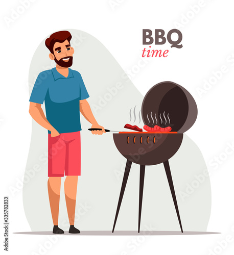 Young man frying barbecue flat color illustration