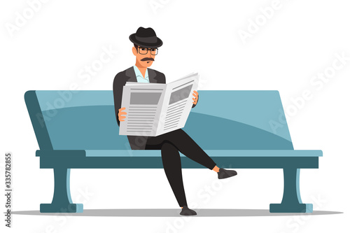 Man reading newspaper on bench isolated on white