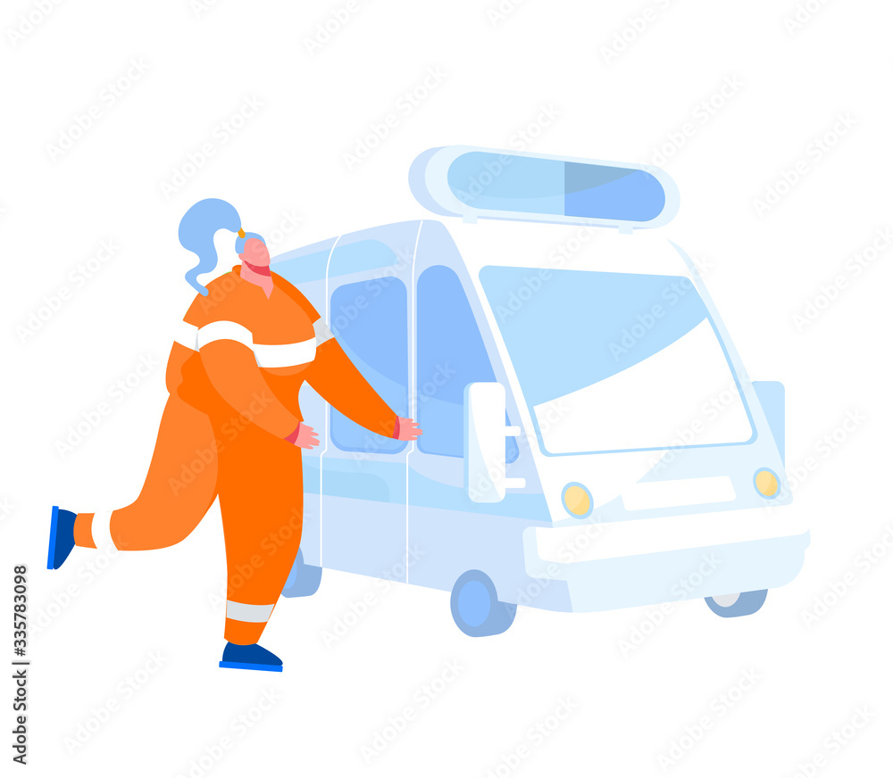 Paramedic or Rescuer Female Character Wearing Orange Uniform Run to Ambulance Car. Medic Staff at Work, Medical Support and Assistance to Diseased People Doctor Profession. Cartoon Vector Illustration Paramedic or Rescuer Female Character Wearing Orange Uniform Run to Ambulance Car. Medic Staff at Work, Medical Support and Assistance to Diseased People Doctor Profession. Cartoon Vector Illustration