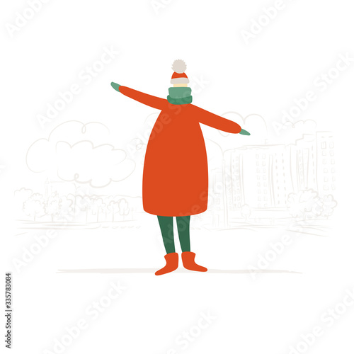 Funny Pregnant Woman is Dancing. Winter Season. Happy pregnancy. Cityscape Ba...