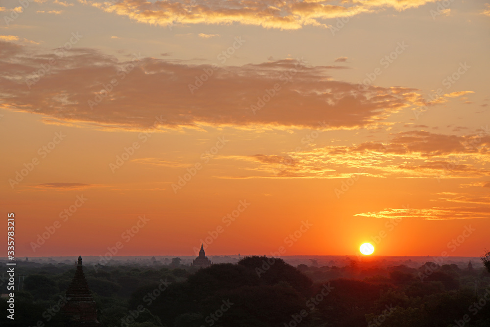 Landscape Nature of many ancient pagoda on the field in the morning with sunrise at Bagan , Mandalay , Myanmar is best famous landmark  for Historical Travel and Sightseeing in Asian