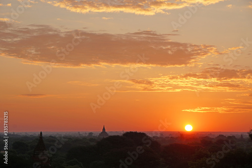 Landscape Nature of many ancient pagoda on the field in the morning with sunrise at Bagan , Mandalay , Myanmar is best famous landmark for Historical Travel and Sightseeing in Asian