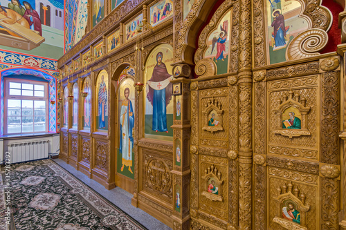 Eastern сhristian orthodox сhurch of Byzantine tradition. Traditional religious paintings and icons. Altar and iconostasis photo