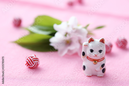 商売繁盛の招き猫と桜の花（オオシマザクラ） © HanaPhoto