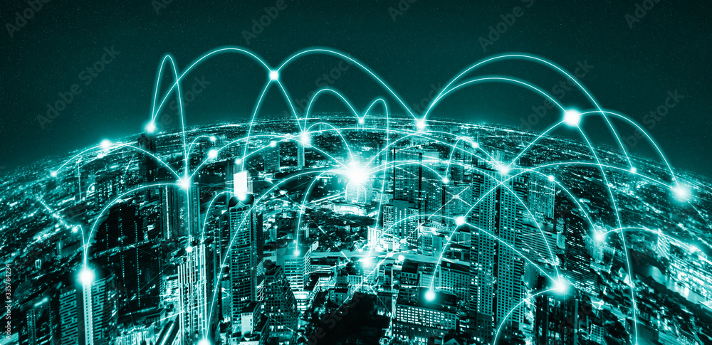 Modern creative telecommunication and internet network connect in smart city. Concept of 5G wireless digital connection and internet of things future. - obrazy, fototapety, plakaty 