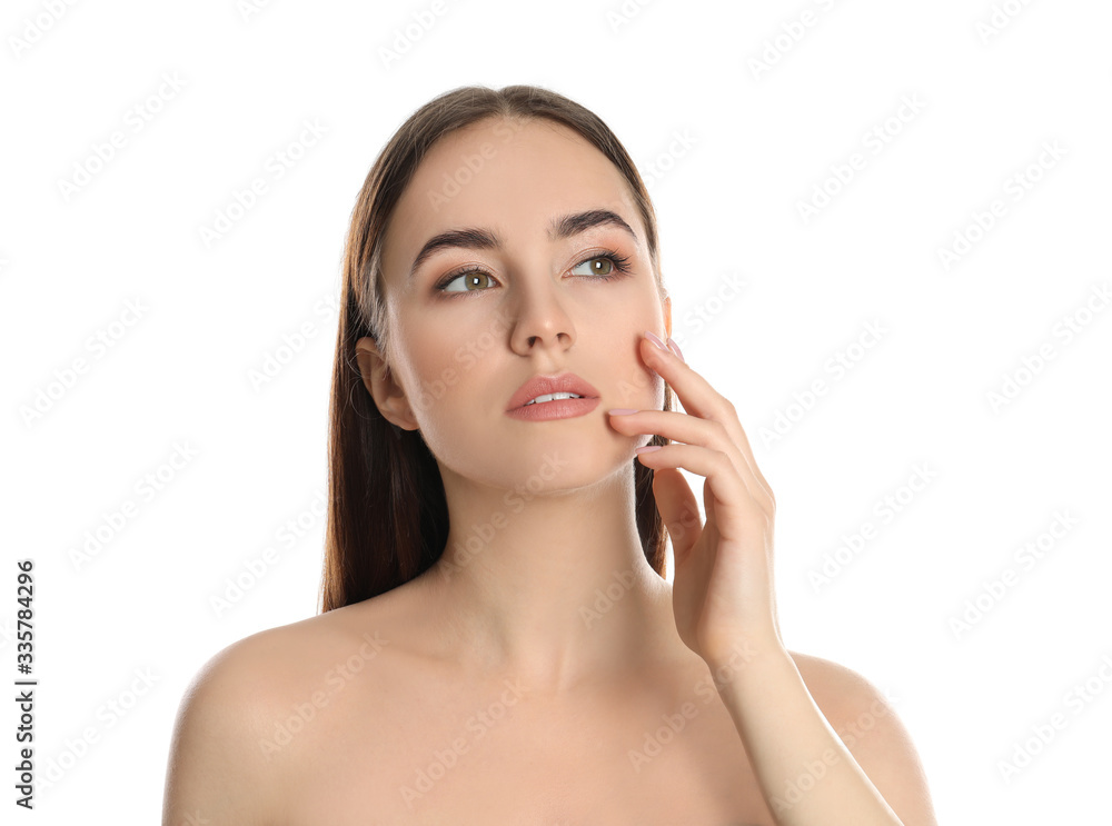 Portrait of young woman with beautiful face on white background