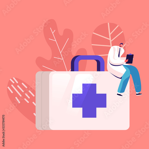 Doctor or Nurse Character in White Robe with Clip Board Sitting on Huge Box with Medical Tools. Clinic, Hospital Healthcare Staff at Work. Medicine Occupation, Profession. Cartoon Vector Illustration