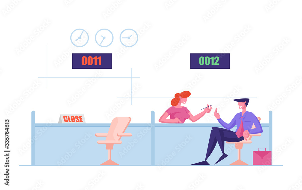 Bank Office Worker and Business Man Client Communication. Male Customer Character Sitting at Desk Communicate with Operator Woman. People Visiting Bank for Banking Service. Cartoon Vector Illustration Bank Office Worker and Business Man Client Communication. Male Customer Character Sitting at Desk Communicate with Operator Woman. People Visiting Bank for Banking Service. Cartoon Vector Illustration