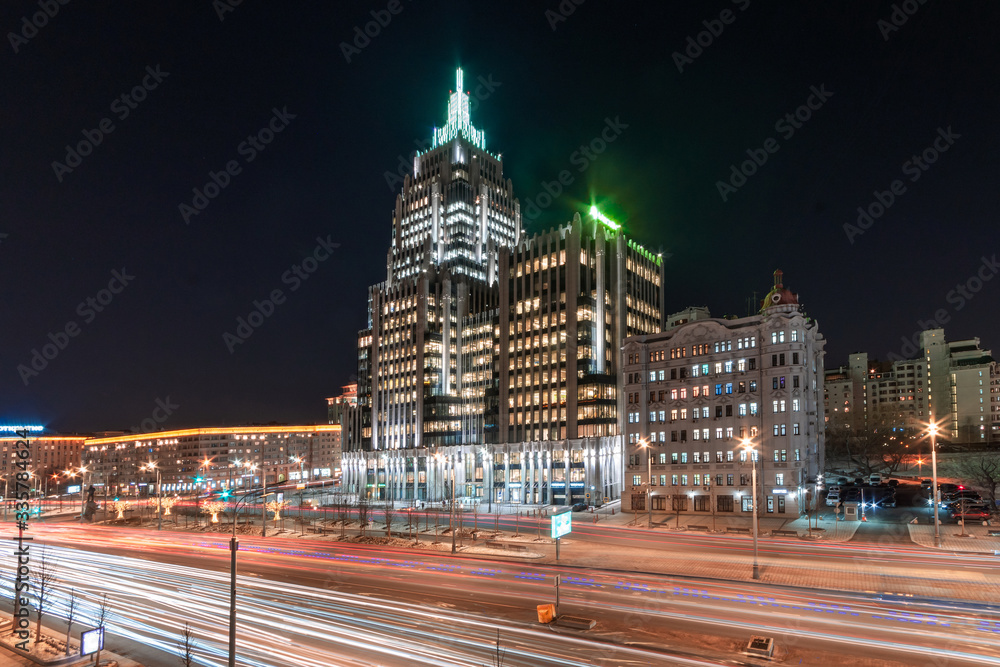 Fototapeta premium Sadovaya Karetnaya street at night. Traffic trails