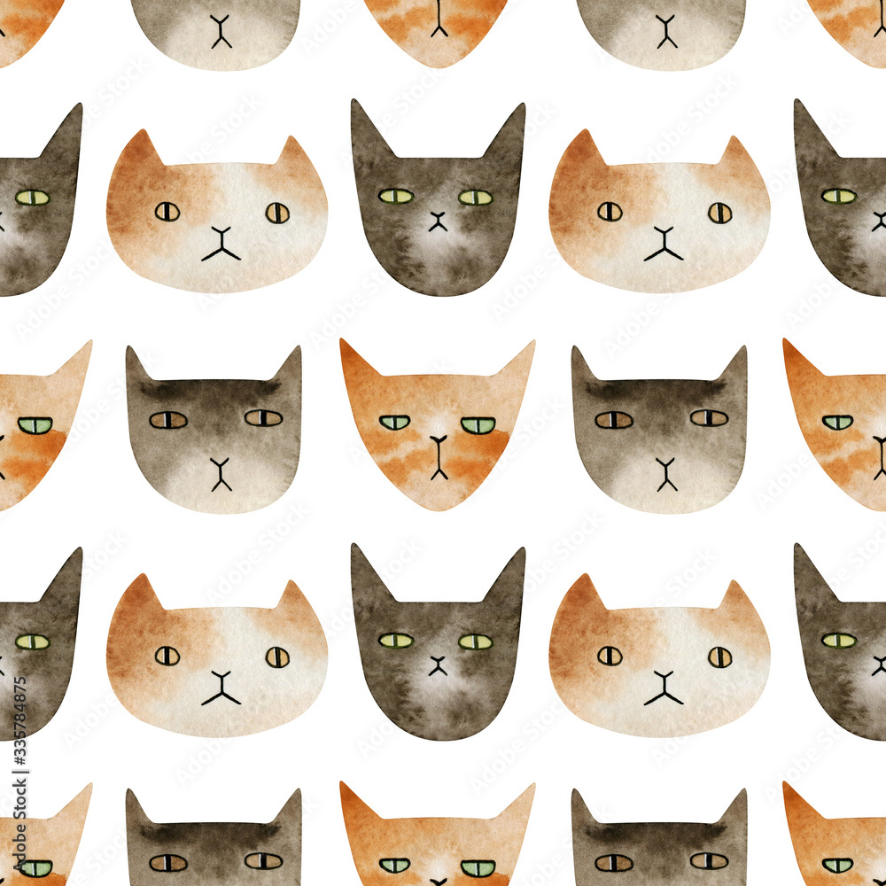 Watercolor hand-drawn seamless pattern with cat faces. Different cats in cartoon style. Funny kitten background for children party, textile, cover, wallpaper, decoration.