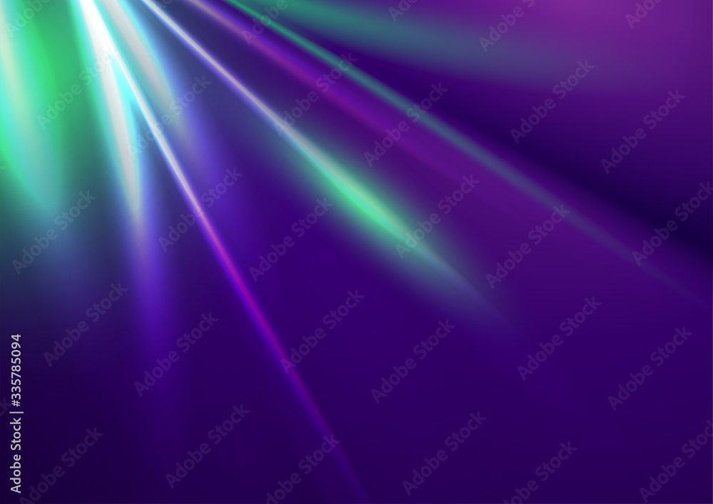 Violet and green glowing smooth rays abstract background. Sci-fi luminous neon vector design