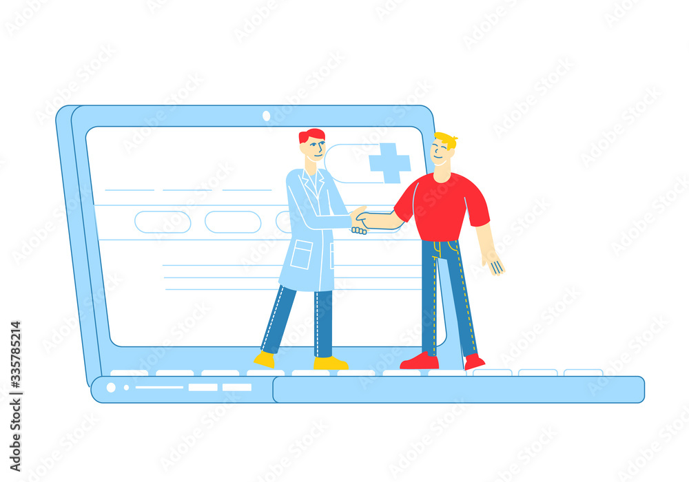 Distant Online Medicine Consultation, Smart Medical Technologies. Doctor Character Shaking Hands with Patient at Huge Laptop Screen, Remote Health Care Consultation. Linear People Vector Illustration