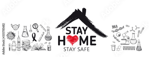 Stay home stay safe doodle illustration. Quarantine. Pandemic coronavirus. Coronavirus, dna, blood test. Laboratory research vector hand drawn icons set.