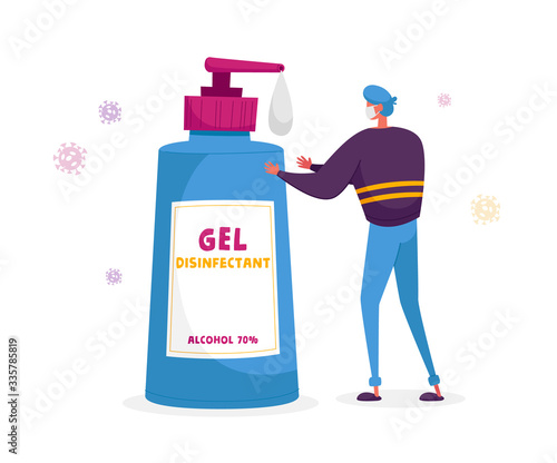 Precautionary Hygienic Measures Coronavirus Protection Concept. Man Character Washing Hands in Bathroom with Huge Antibacterial Soap Bottle and Ncov Cells Flying around. Cartoon Vector Illustration